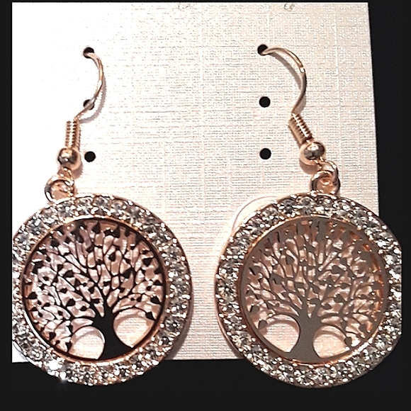 Gorgeous Rose Gold Tree of Life Dangle Earrings Crystal Rhinestones NEW - Picture 9 of 10